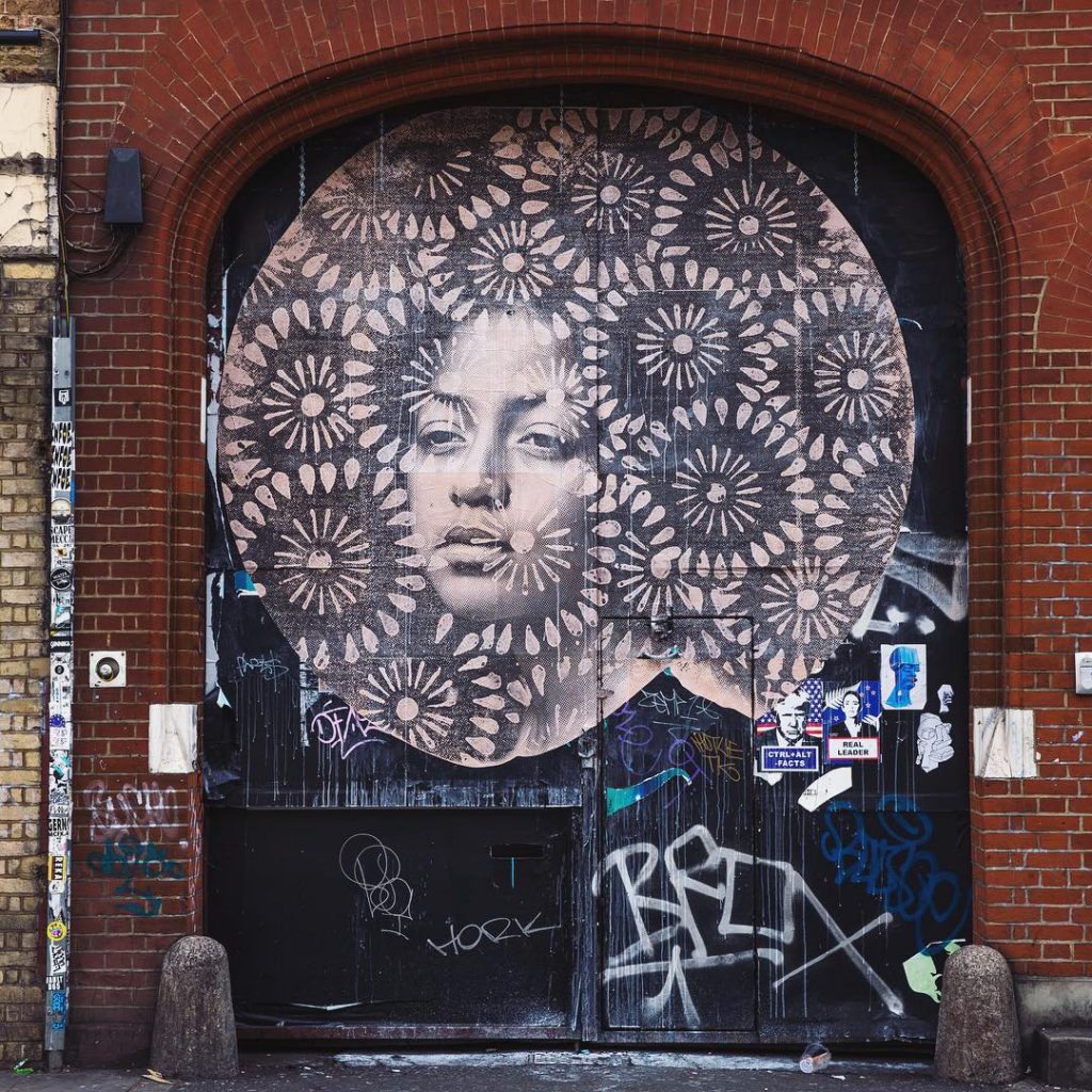 Grow street art mural afro portrait, hair is flowers, by Donk, in CHIMPAN zine