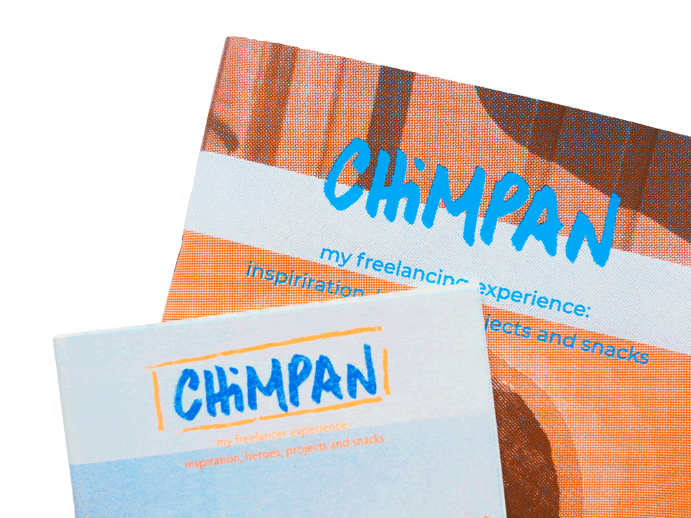 two zines blue and orange CHIMPAN zine