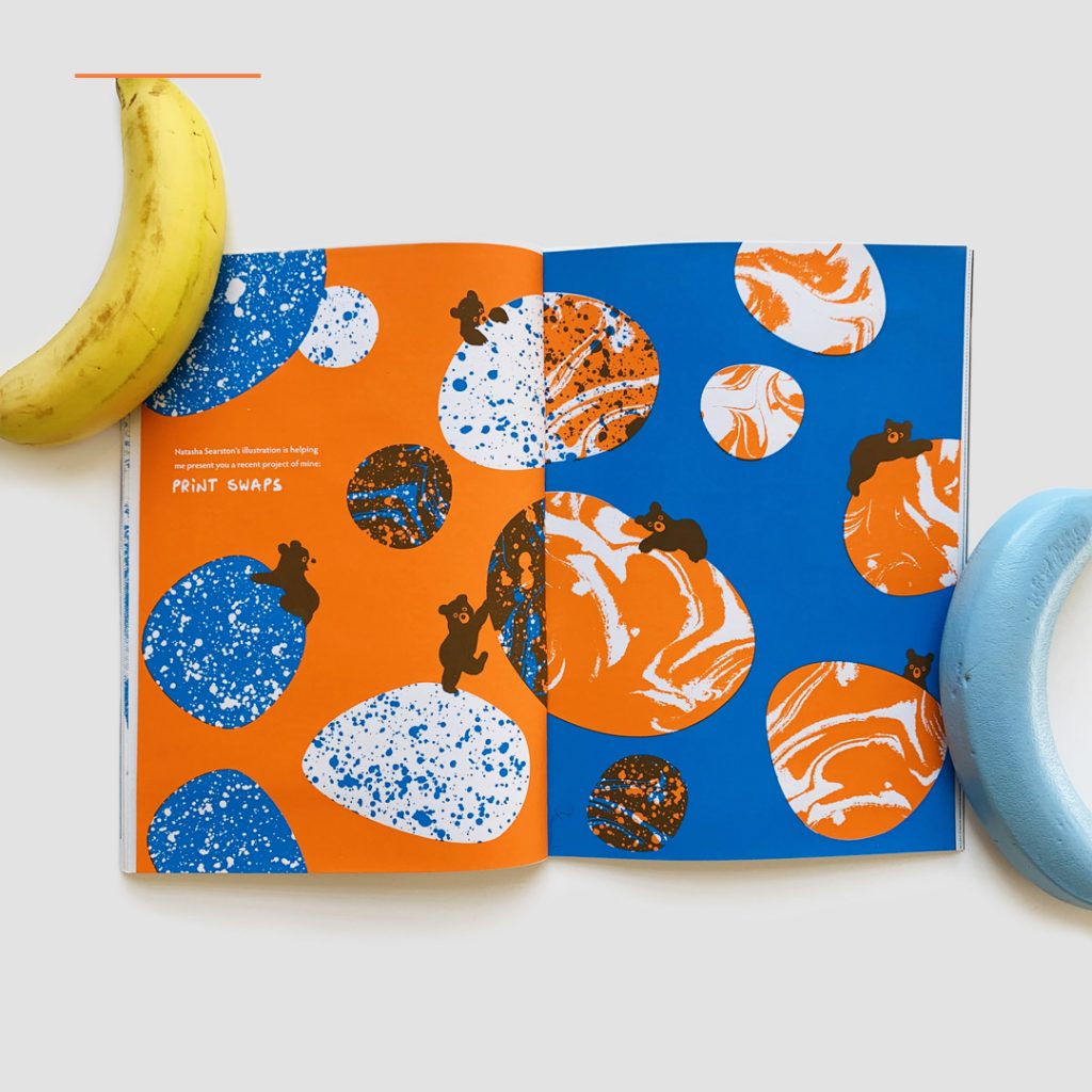 natasha searston's illustration of blue and orange bears exchanging textures in CHIMPAN zine