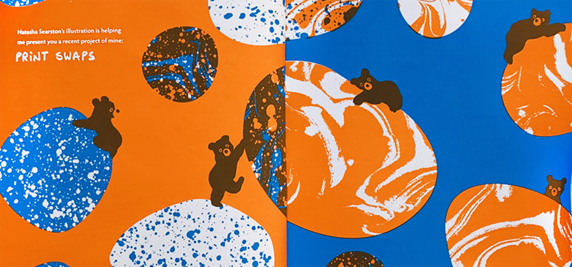 natasha searston's illustration of blue and orange bears exchanging textures in CHIMPAN zine