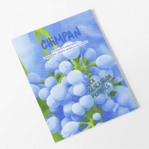 zine cover, composed of dark & light blue and neon yellow dots, figuring grapes, reading CHIMPAN as title